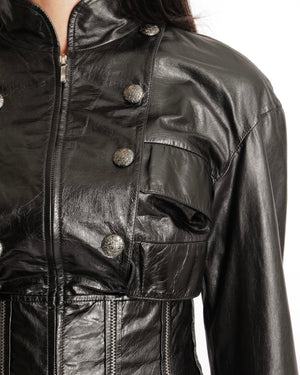 Chanel Black Distressed Leather Jacket with Silver Zippers Stitch Details and Silver Textured CC Logo Buttons Size FR 36 (UK 8)