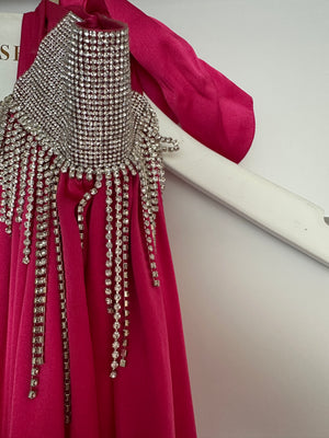 Harmur Silk Fuchsia Maxi Dress with Crystal Neck Detail Size S (UK 8)