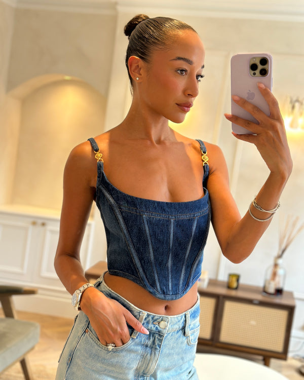 Versace Blue Denim Corset Bustier Top with Gold Medusa Details Size IT 42 (UK 10)