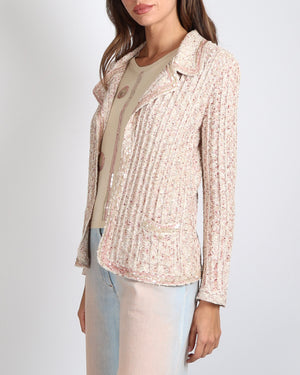 Chanel Spring 2006 Beige, Gold and Pink Knit Cardigan with Sequin Embellishments and Crystal CC Logo Button Size FR 40 (UK 12)