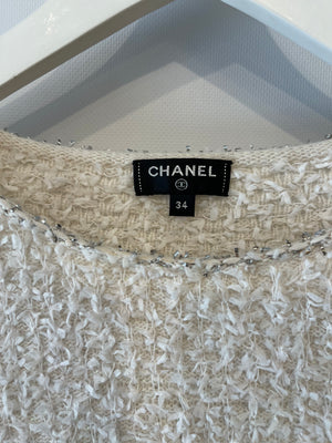 Chanel 2018 Waterfall Collection White, Pink and Silver Short Sleeve Tweed Midi Dress with Size FR 34 (UK 6)
