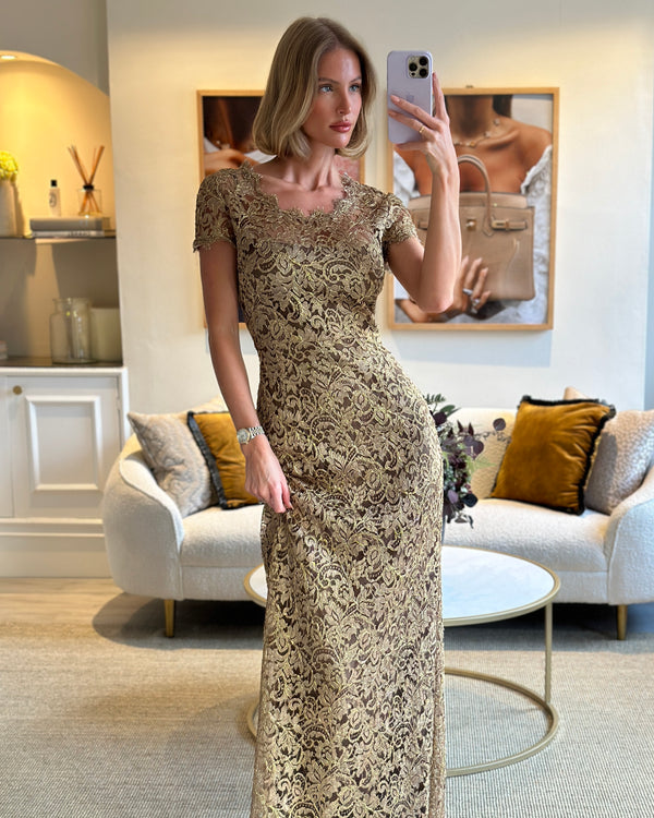Temperley London Gold Short Sleeve Gown with Lace Detail FR 42 (UK 14)