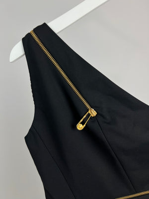 Versus Versace Black One Shoulder Sleeveless Mini Dress with Gold Zip Detail Size IT 38 (UK 6)