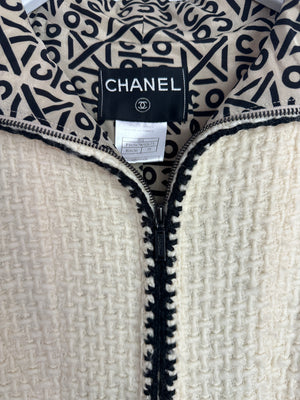 Chanel 00A Cream Long Line Tweed Coat with Black Contrast Trim and Vent Details Size FR 38 (UK 10)