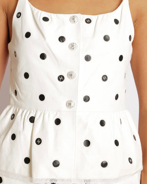 Chanel 23S White and Black Lambskin Leather Polka Dot Sleeveless Top with Lace Trims and Crystal Embellished Pearl CC Logo Buttons Size FR 34 (UK 6)