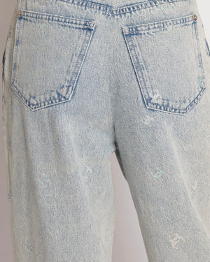 Chanel Light Blue Straight Leg High-Waisted Jeans with Turquoise, Lilac, and Silver Metallic CC Logos and Silver Button Detail Size FR 40 (UK 12)