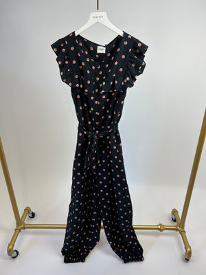 Vil Shenko Navy Rose Print Ruffle Sleeve Jumpsuit Size UK 16