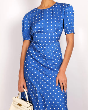 Self Portrait Blue and White Satin Polka Dot Short-Sleeved Maxi Dress with Rouching Detail Size UK 12