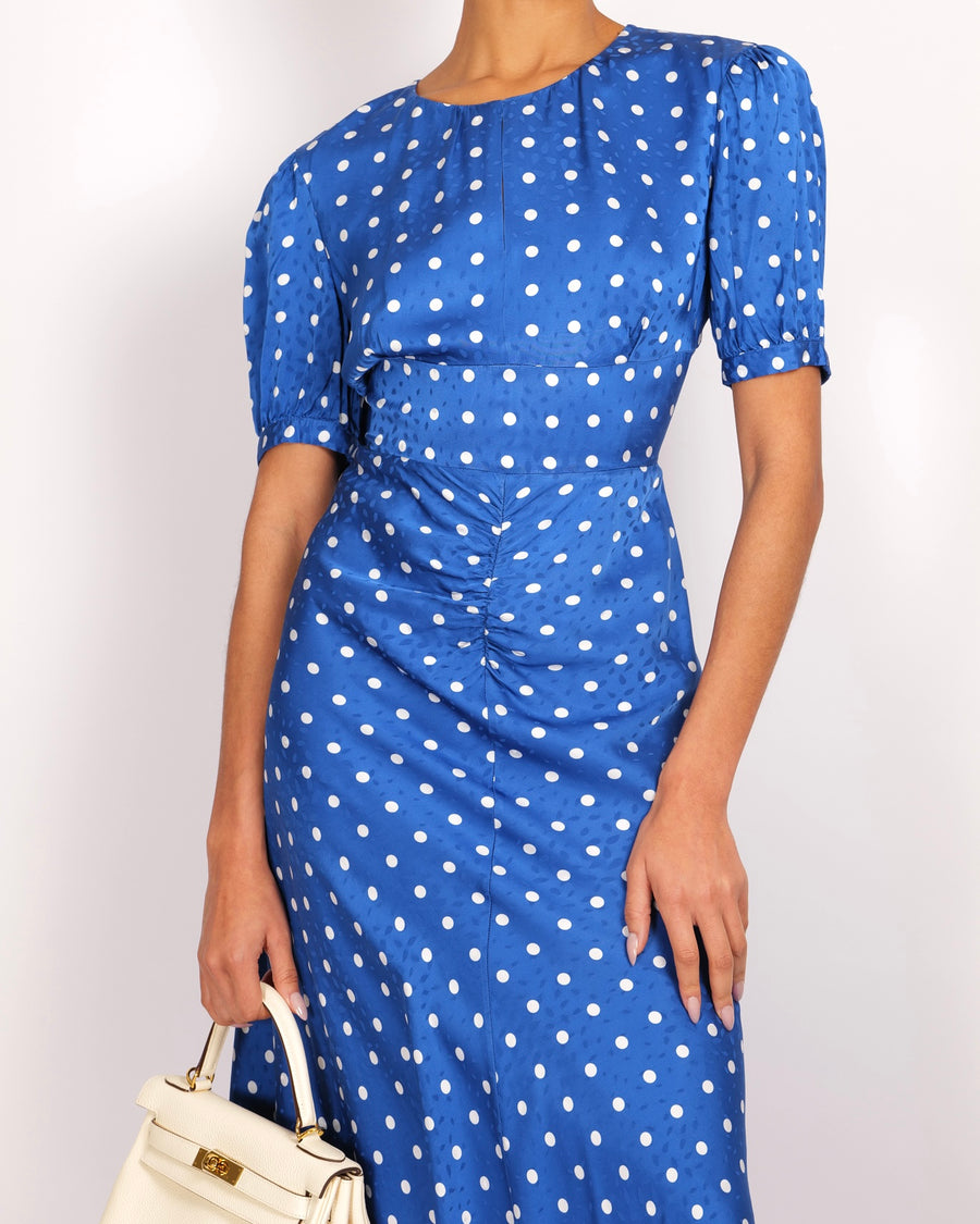 Self Portrait Blue and White Satin Polka Dot Short-Sleeved Maxi Dress with Rouching Detail Size UK 12