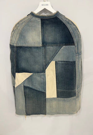 Saint Laurent Blue Denim Patchwork Sleeveless Jacket with Frayed Hem Detail Size XS (UK 6)