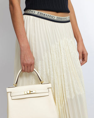 Ermanno Scervino Cream Pleated Maxi Skirt with Lace Details and Navy Logo Waistband Size IT 44 (UK 12)