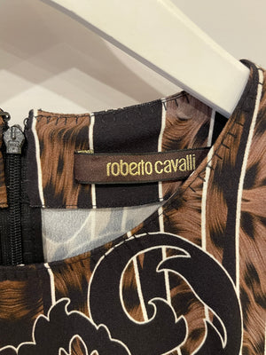 Roberto Cavalli Brown Leopard and Black Printed Midi Dress Size IT 38 (UK 6)