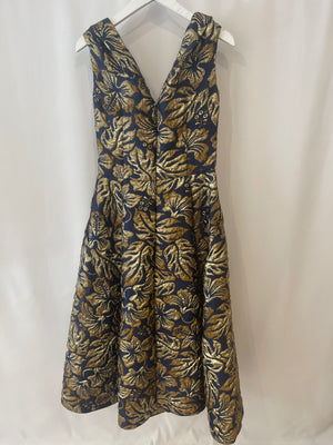 Prada Navy and Gold Floral Jacquard Embroidered Dress with Bow Detail Size IT 38 (UK 6)