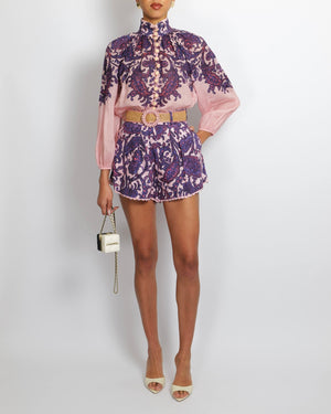 Zimmermann Pink and Purple Ramie Blouse and Linen Shorts Set with Straw Belt and Pink Beaded Buckle Detail Size 0 (UK 8)