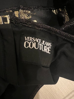 Versace Black Shimmery Corset Crop Top with Gold and Silver Metallic Baroque Prints and Gold Zipper Detail Size IT 44 (UK 12)