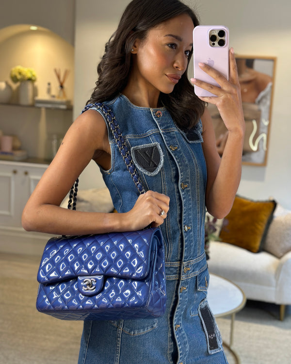 Chanel Royal Blue Classic Jumbo Double Flap Bag in Patent Leather and Gunmetal Hardware
