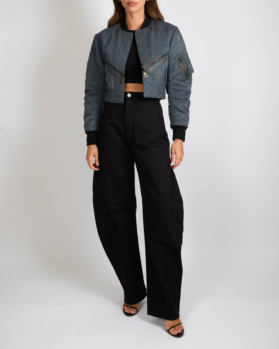 Louis Vuitton Grey Cropped Bomber Jacket with Black Cuffs and Logo Zipper Detail Size FR 36 (UK 8)