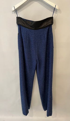 Chanel Cruise 2019 Blue Tweed Cropped Jacket and Trousers Set with CC Logo Buttons and Black Leather Trims Size FR 36/38 (UK 8/10)