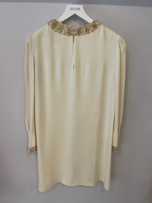 Miu Miu Cream Long-Sleeve Midi Dress with Crystal Embellishments Size IT 42 (UK 10)
