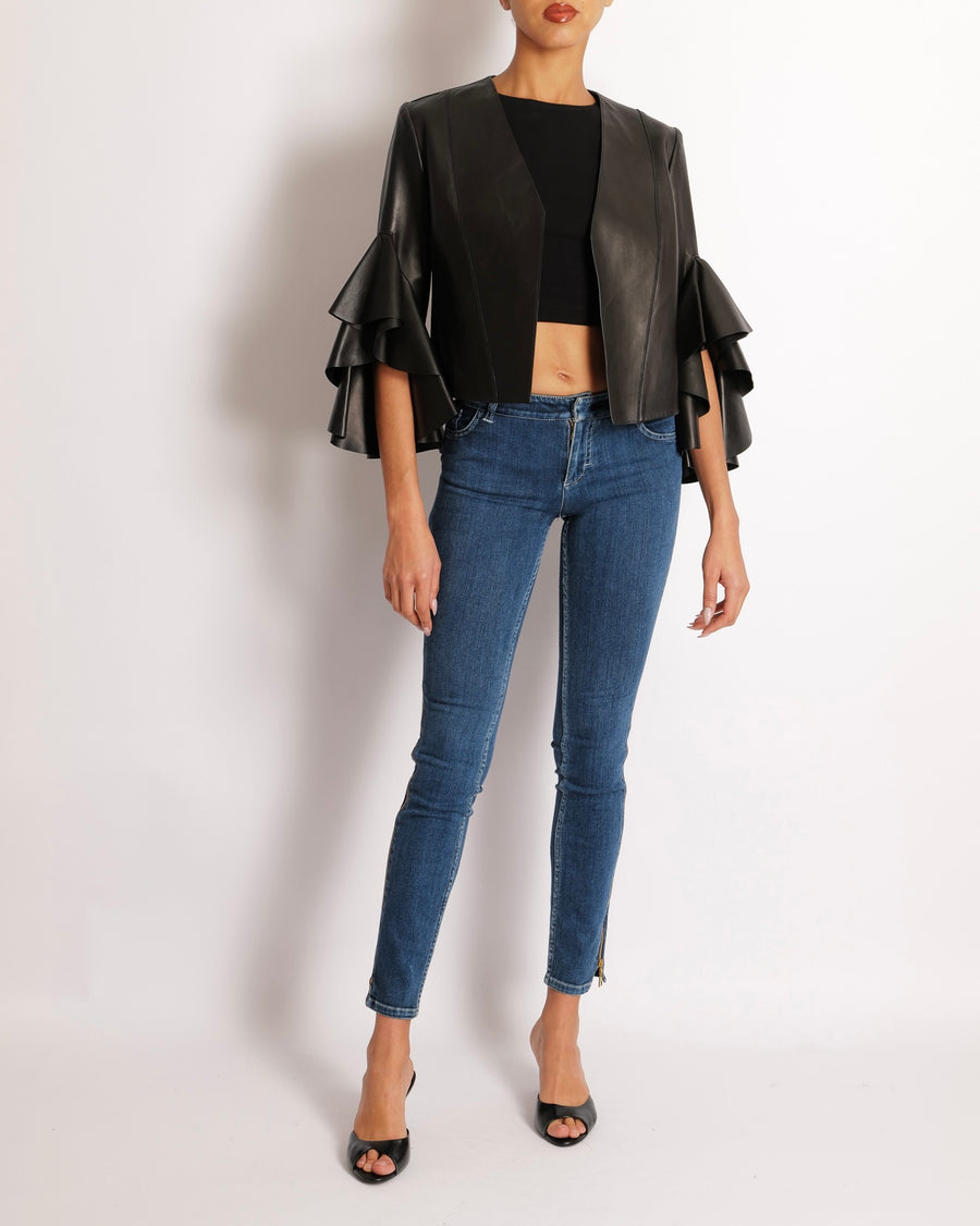 Alexander McQueen Black Leather Cropped Jacket with Ruffled Sleeves Size IT 40 (UK 8)RRP1800£