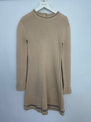 Paco Rabanne Beige Knitted Long Sleeve Dress with Silver Studs Detail Size M (UK 8-10)