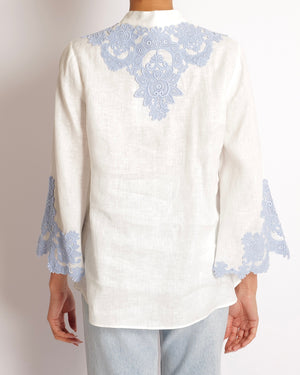 Zimmermann White Linen Raie Top with Light Blue Embroidered Lace Detail Size 2 (UK 12)