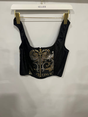 Versace Black Shimmery Corset Crop Top with Gold and Silver Metallic Baroque Prints and Gold Zipper Detail Size IT 44 (UK 12)
