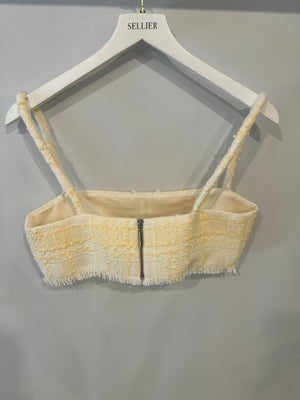 Alexis Cream and Butter Yellow Tweed Cropped Top with Fringe Trim Detail Size M (UK 10)