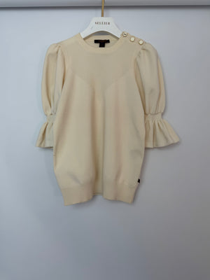 Louis Vuitton Cream Puff Sleeve Fine Knit Top with Logo Button Detail Size S (UK 8)