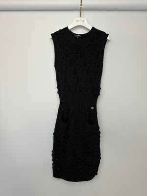 Chanel 17/P Black Crochet Mini Sleeveless Dress with CC Logo Button and Pocket Detail Size FR 36 (UK 8) RRP £2,880