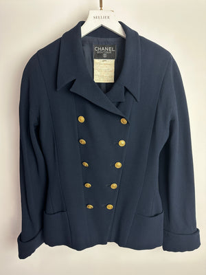 Chanel Vintage Navy Double Breasted Wool Blazer Jacket and Skirt Set with Gold CC Logo Button Detail FR 38 (UK 10)