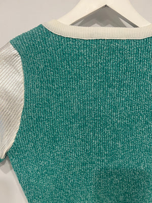 Chanel Cruise 2025 Silver Metallic and Green Ribbed Short-Sleeve Top with Crystal CC Logo Detail Size FR 40 (UK 12)