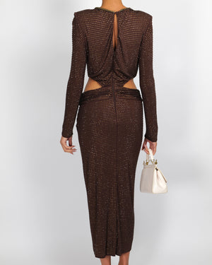 Self Portrait Brown Crystal Embellished Cut-Out Maxi Dress with Side Slit Size UK 12