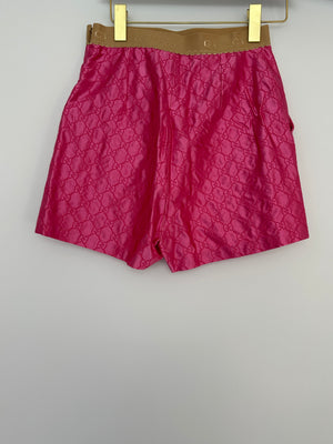 Gucci Pink Silk Monogram Top Shorts Set with Beige Logo Elasticated Detail Size IT 38 (UK 6)