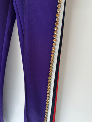 Gucci Purple Crystal Joggers with Red White and Navy Stripe Side Detail Size M (UK 10)