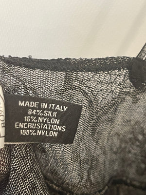 Chanel 05A Black Lace and Silk Grey Caraco Lingerie Ruffle Top with Black CC Logo Detail Size FR 38 (UK 10)