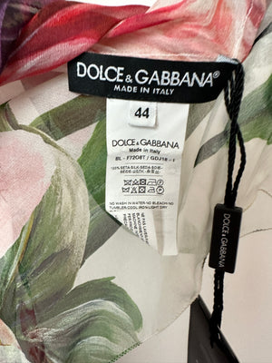 Dolce & Gabbana Blush Green, Pink and Purple Floral Sheer Silk Blouse with Bow Neckline Size IT 44 (UK 12)