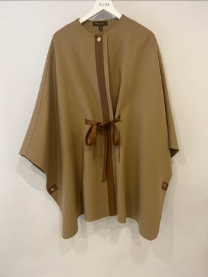 Loro Piana Beige Cashmere Cape With Brown Leather Trim and Gold Buttons One Size