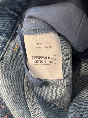 Chanel Métiers d'Art 2023 Denim Patchwork Jeans with Pink, Silver and Black Micro Sequin Details and Silver CC Logo Button Size FR 34 UK 6