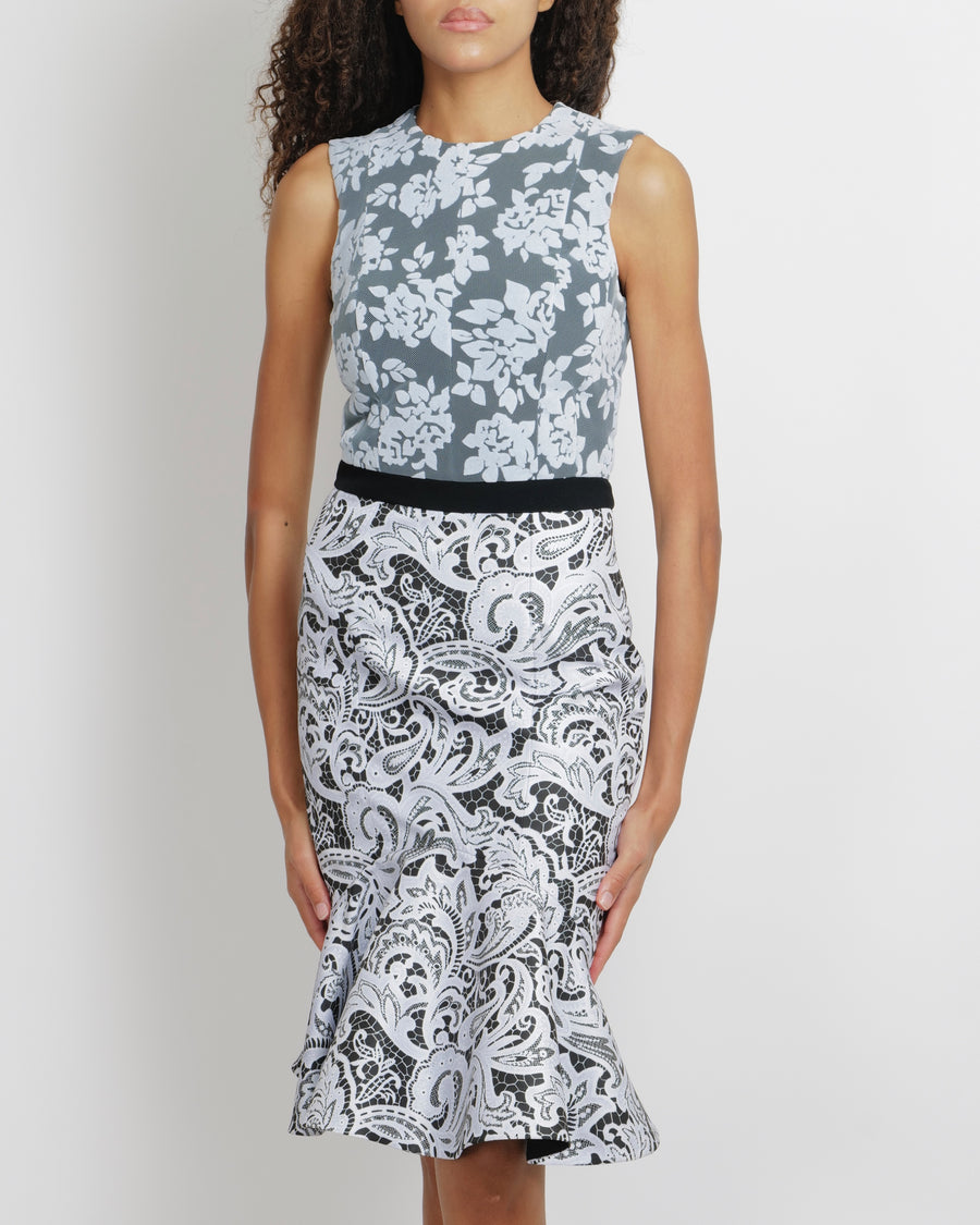 Mary Katrantzou Light Blue and Black Flocked Tulle Midi Ruffle Dress Size UK 8 RRP £1,970