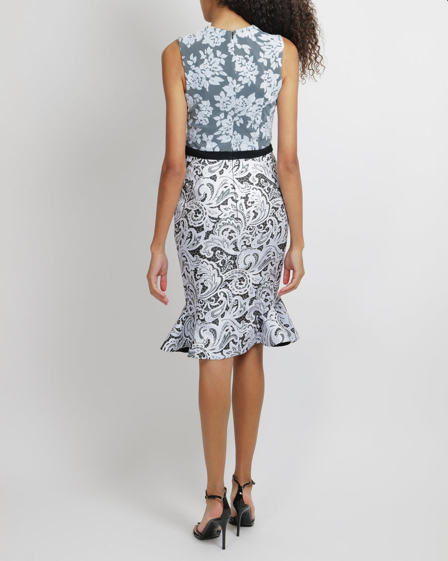 Mary Katrantzou Light Blue and Black Flocked Tulle Midi Ruffle Dress Size UK 8 RRP £1,970
