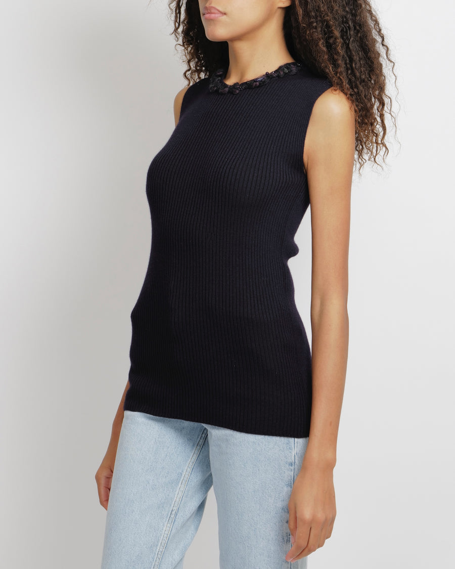 Chanel Purple Cashmere Silk Blend Sleeveless Top with Stone-Embellished Collar Size FR 40 (UK 12)