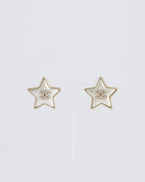 Chanel Pearl Star Stud Earrings With Crystal CC Logo and Silver Hardware