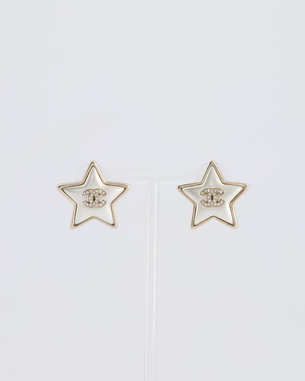 Chanel Pearl Star Stud Earrings With Crystal CC Logo and Silver Hardware