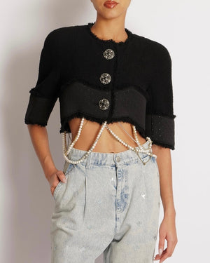 Chanel x Tiger in the Rain Black Tweed Cropped Jacket with Foam Band Insert and Silver Crystal Embellished Buttons with Draped Pearl and Mixed Metal Chain Details Size FR 38 (UK 10)