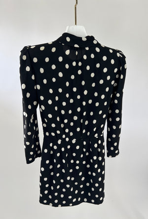 Saint Laurent Black Polkadot Mini Long-Sleeve Dress with Neck Tie and Shoulder Pad Detail FR 36 (UK 8)
