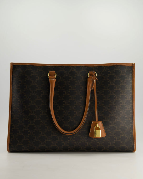 Celine Brown Horizontal Cabas Tote Bag In Triomphe Coated Canvas and Brown Calfskin Handles