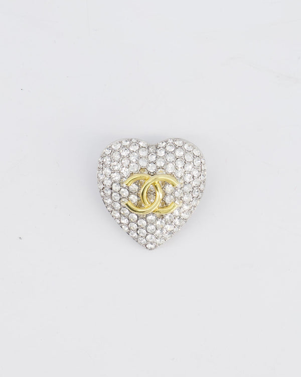 Chanel Crystal Heart Brooch With Gold CC Logo and Hardware