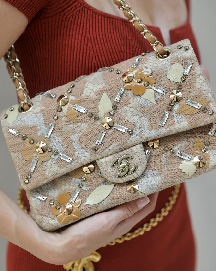 *HOT* Chanel Beige Classic Medium Double Flap Bag with Flower Embroidery, Crystal Embellishments and Champagne Gold Hardware