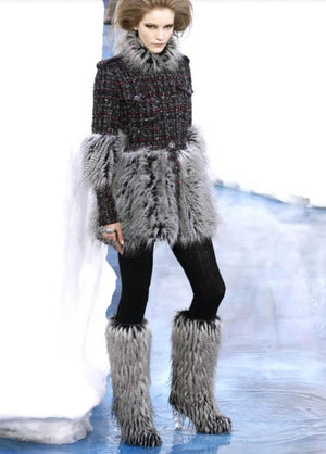 Chanel Fall 2010 Runway Grey Faux Fur Yeti Heeled Boots with Clear Icicle Heel Detail Size EU 38